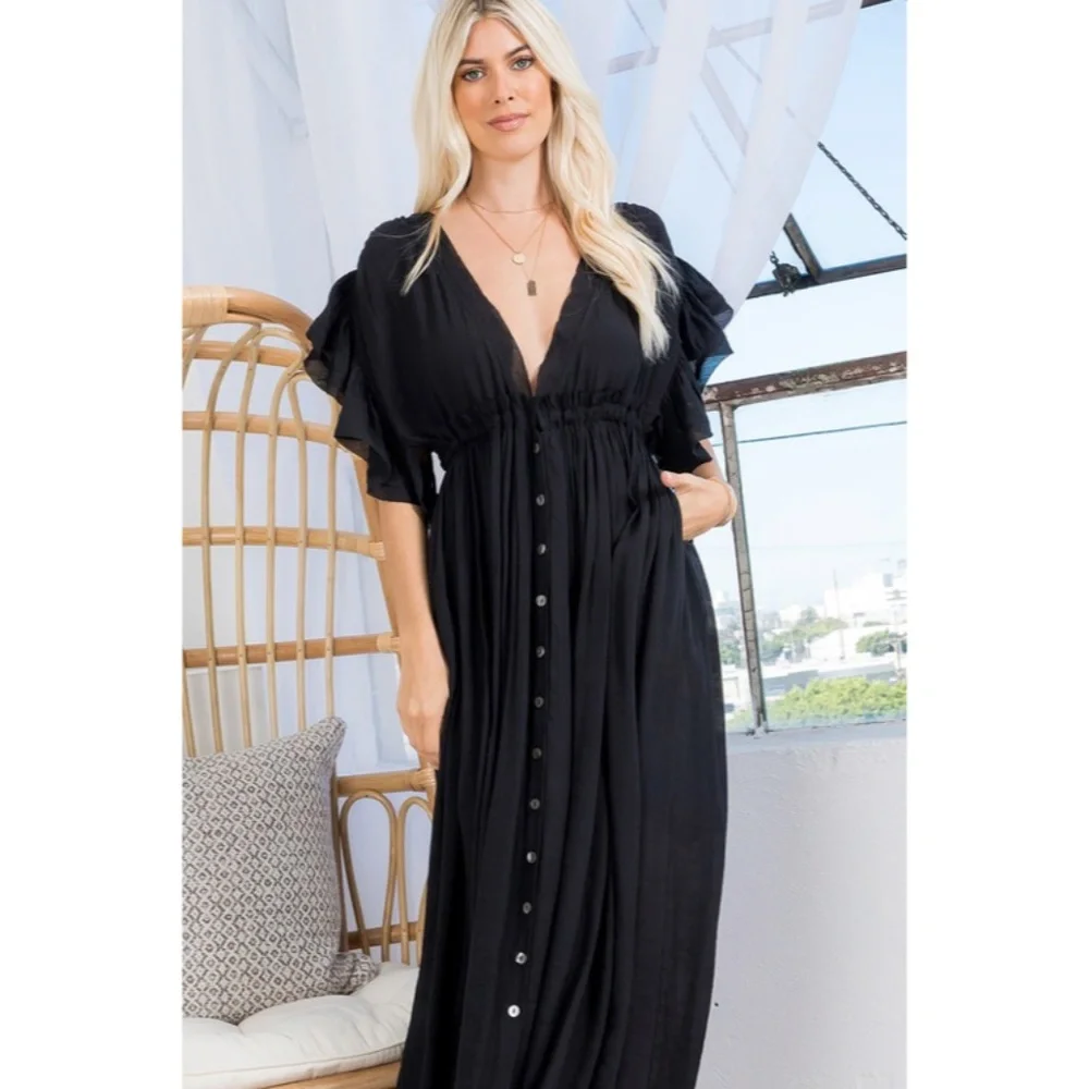 SOLD OUT Black Gauze Boho Button Short Slv Deep V Woven Gathered Maxi Dress - Picture 3 of 7